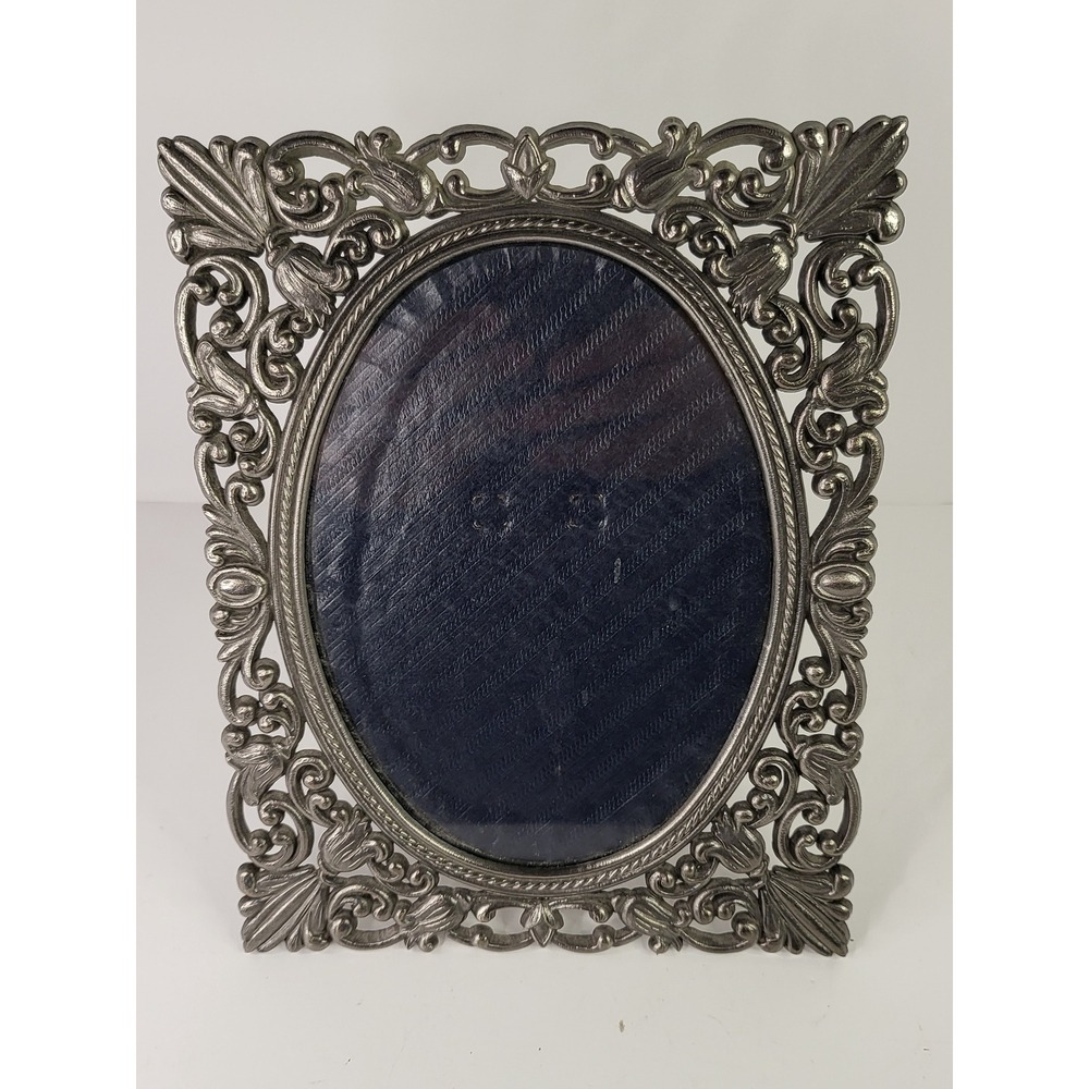 Vintage Ornate Pewter Tone Metal Oval Picture Frame Scroll Floral Design 4x6